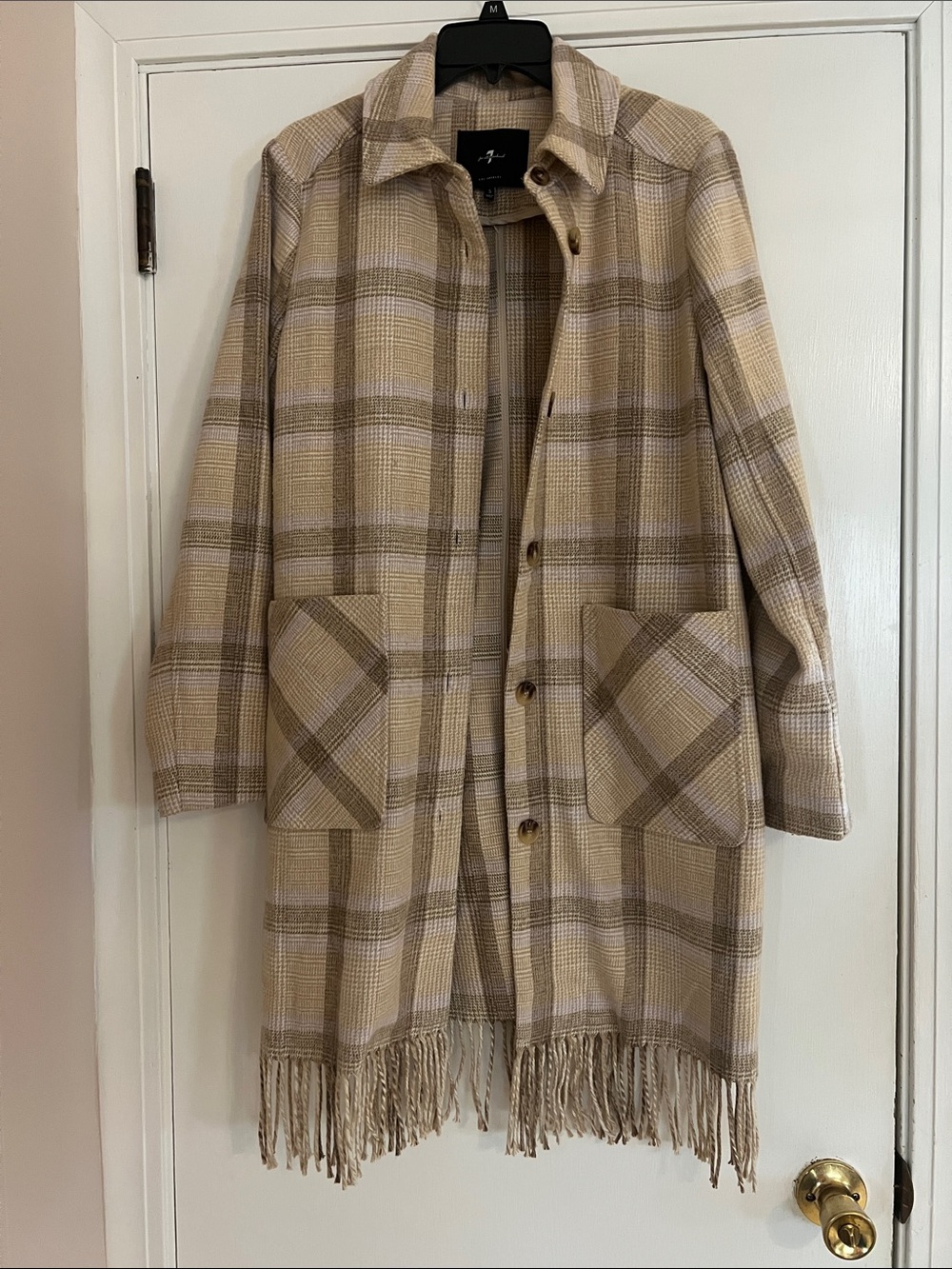 7 For All Mankind Beige Plaid Fringe Trench Coat